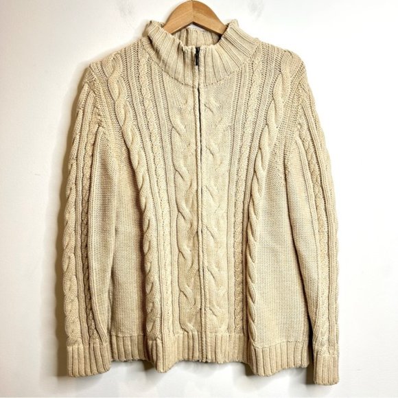 LL Bean Full Zip Cable Knit Sweater Beige - Picture 2 of 6